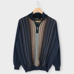 St. Croix Sweater Mens Large Striped Mock Neck Quarter Zip Made USA Wool Blend